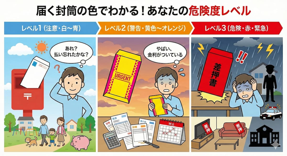 図解：固定資産税の督促状の色でわかる危険度レベル。白い封筒は初期段階、黄色は「催告書（注意）」、赤い封筒は「差押予告書（危険）」であり、赤が届くと公売による差押え直前であることを示す警告メーター。