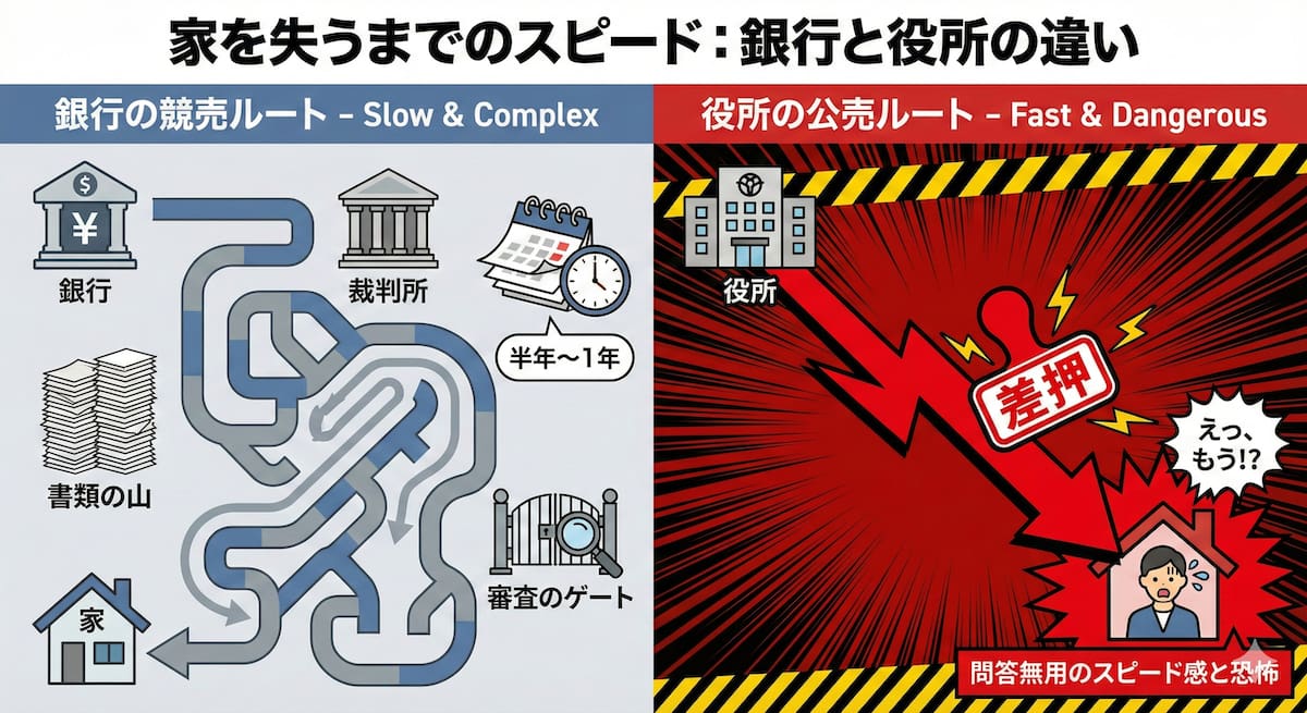 図解：銀行の「競売」と役所の「公売」の手続きスピード比較。銀行は裁判所を経由するため時間がかかるが、役所は「自力執行権」により裁判なしでいきなり差押えが可能であることを示す比較イラスト。