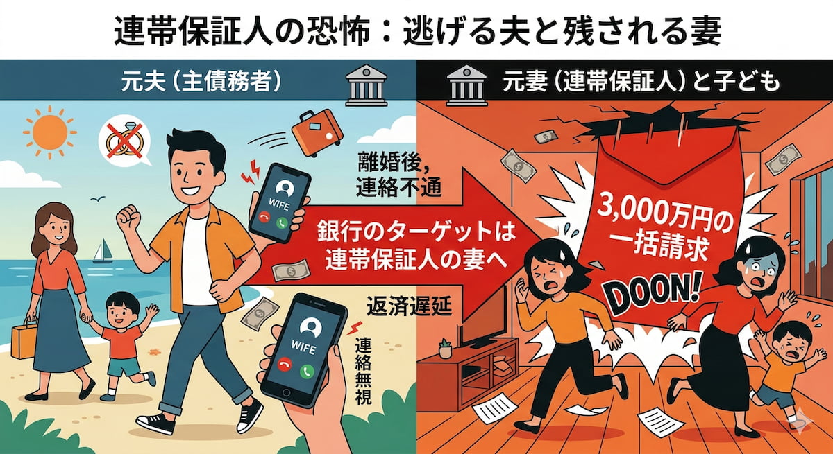 図解:連帯保証人の恐怖。元夫が住宅ローンの支払いを滞納して逃げた瞬間、住んでいる元妻の元へ銀行から3,000万円の一括請求が突然届く様子を表したイラスト。