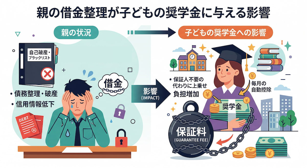 親の借金整理(自己破産・ブラックリスト化)が子どもの奨学金に与える影響。親が保証人になれないことで、子どもの奨学金から毎月「保証料」が自動控除(天引き)され、重い金銭的負担を強いる仕組みを解説。