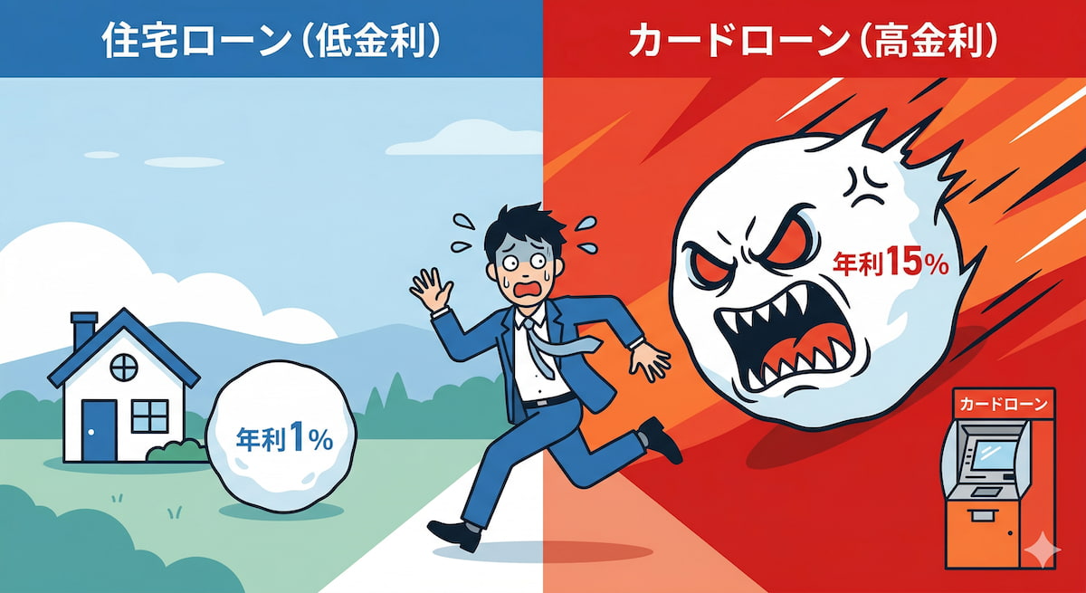 住宅ローン(低金利)とカードローン(高金利)の比較。年利1%の小さな雪玉に対し、年利15%の巨大で凶暴な雪玉に追われてパニックになる男性のイラスト。金利差による自転車操業のリスクを表現。