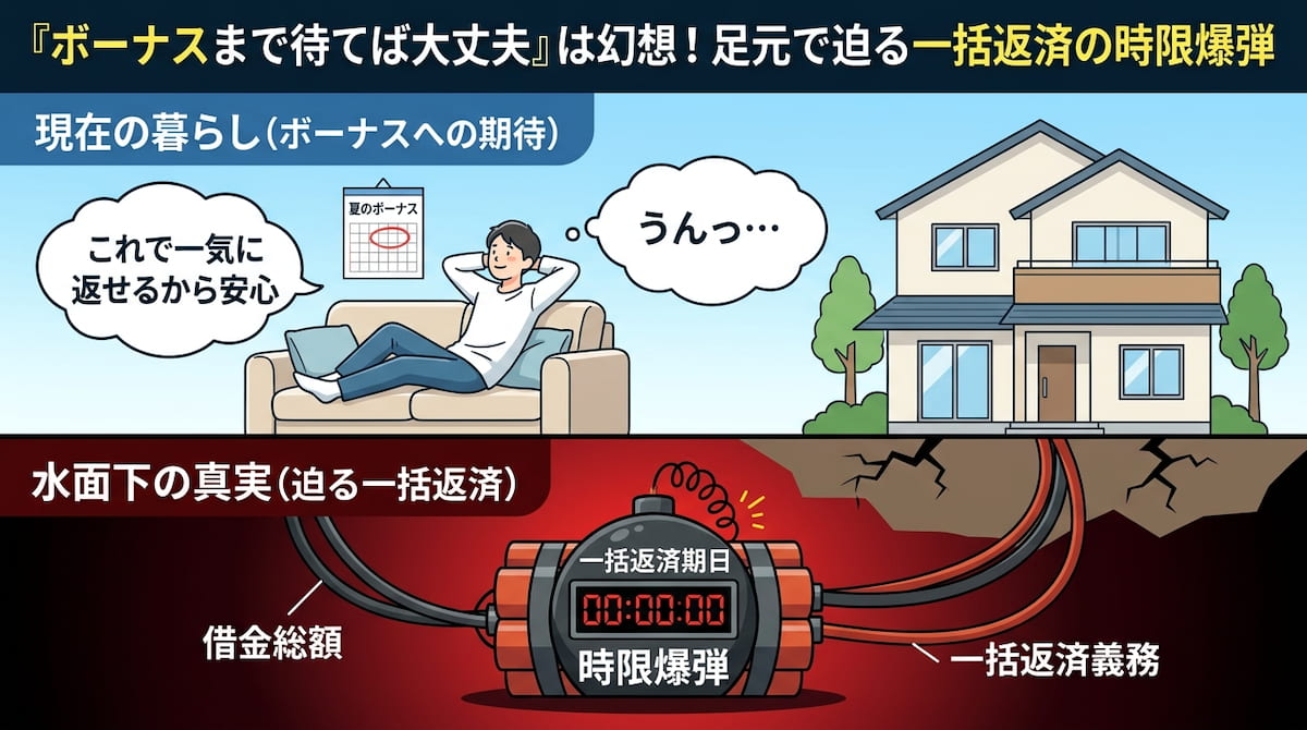 図解：ボーナス払いを期待する表面上の平穏と、水面下で進行する銀行の一括返済請求の危機。「夏のボーナスで返せる」と安心する人物の床下で、「期限の利益喪失」という時限爆弾の導火線が燃え進み、銀行の監視カメラが冷徹に見張っている様子を描いたインフォグラフィック。