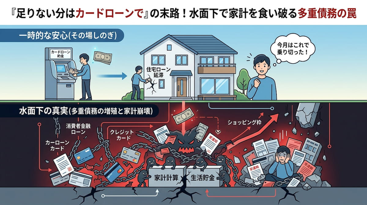 図解：住宅ローンをカードローンで補填する危険性。地上ではATMから引き出した現金で家の小さなヒビを直して安心しているが、床下では「高金利」という巨大なアリジゴクが家の土台を食い破り、多重債務の奈落へ引きずり込もうとしている様子を描いたインフォグラフィック。