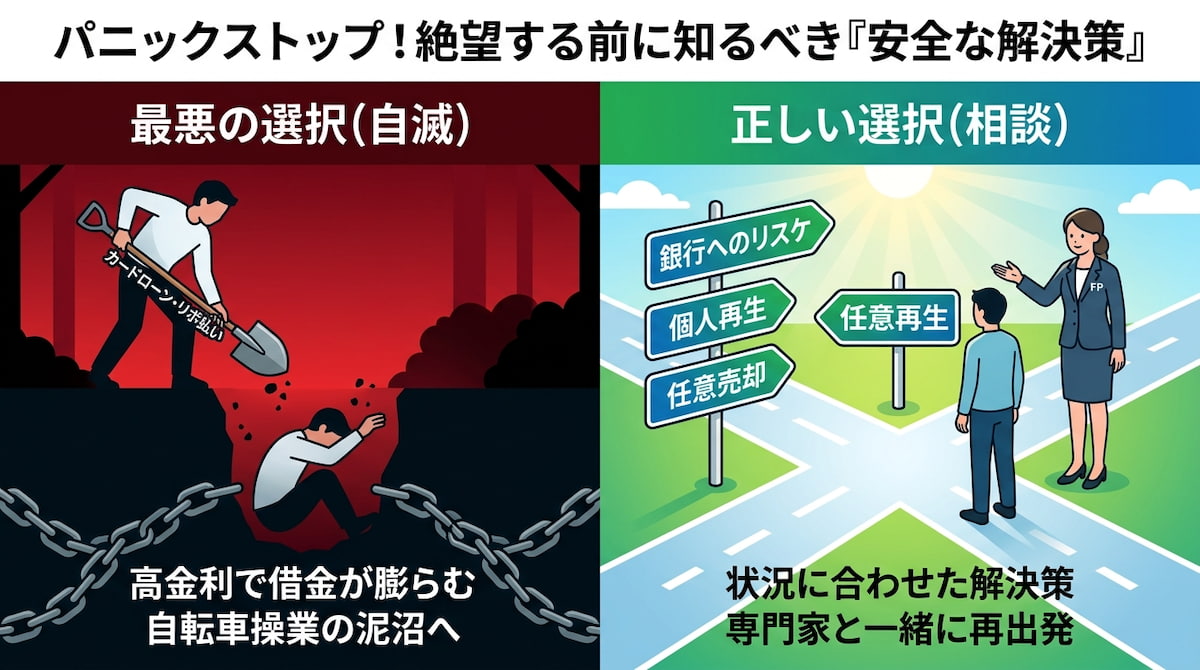 図解：住宅ローン滞納時の「最悪の選択」と「正しい選択」の対比。左側はカードローンで借金を補填し自ら多重債務の深い穴を掘っている最悪の選択、右側は専門家と共に分岐点に立ち、「条件変更（リスケ）」「個人再生」「任意売却」という3つの前向きな解決の道標を見つけている様子を描いたインフォグラフィック。