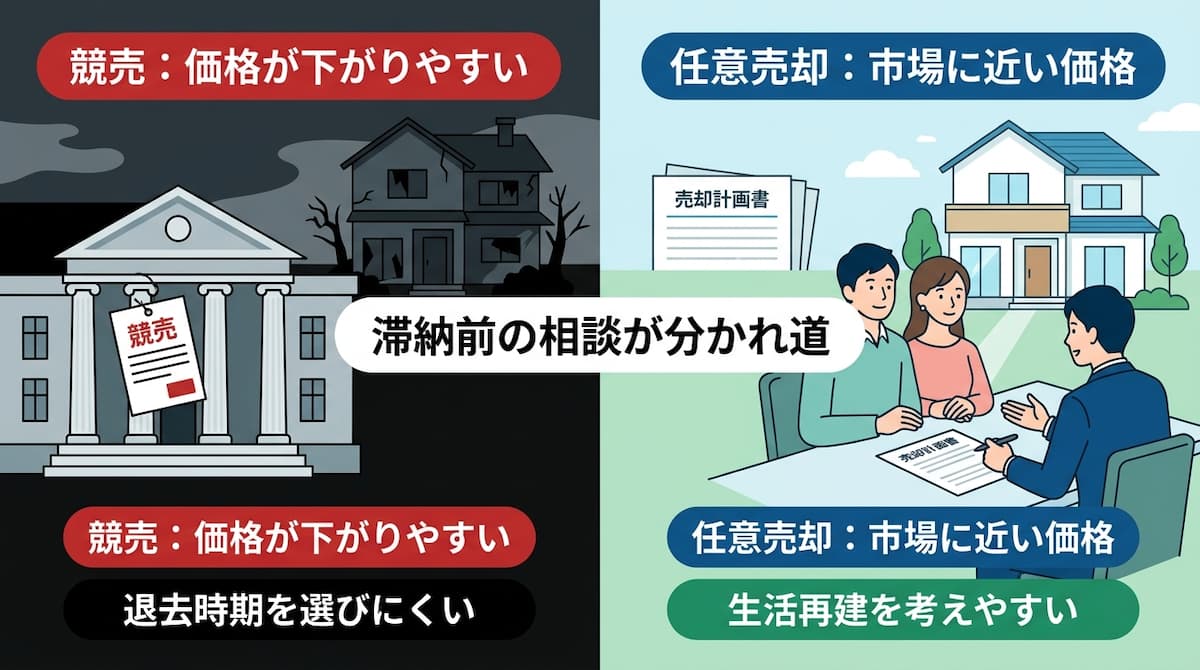 住宅ローン滞納前に任意売却と競売の違いを比較する図