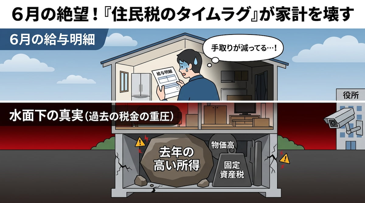 図解：6月の住民税決定通知による手取り減と家計崩壊の危機。地上では「給与明細」を見て手取りが減ったことに困惑している人物が描かれ、床下では「去年の高い所得で計算された住民税」という重い岩が、「物価高」や「固定資産税」と共に家計の土台を押し潰そうとしている様子を描いたインフォグラフィック。