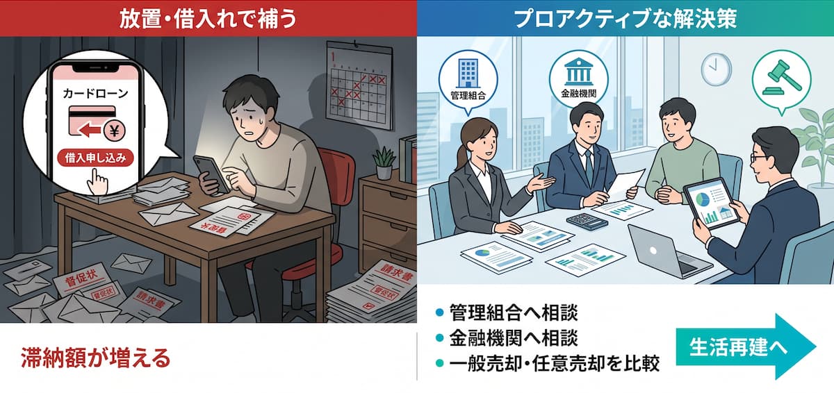 繕積立金を払えないときの放置や追加借入れと早期相談による解決策の比較