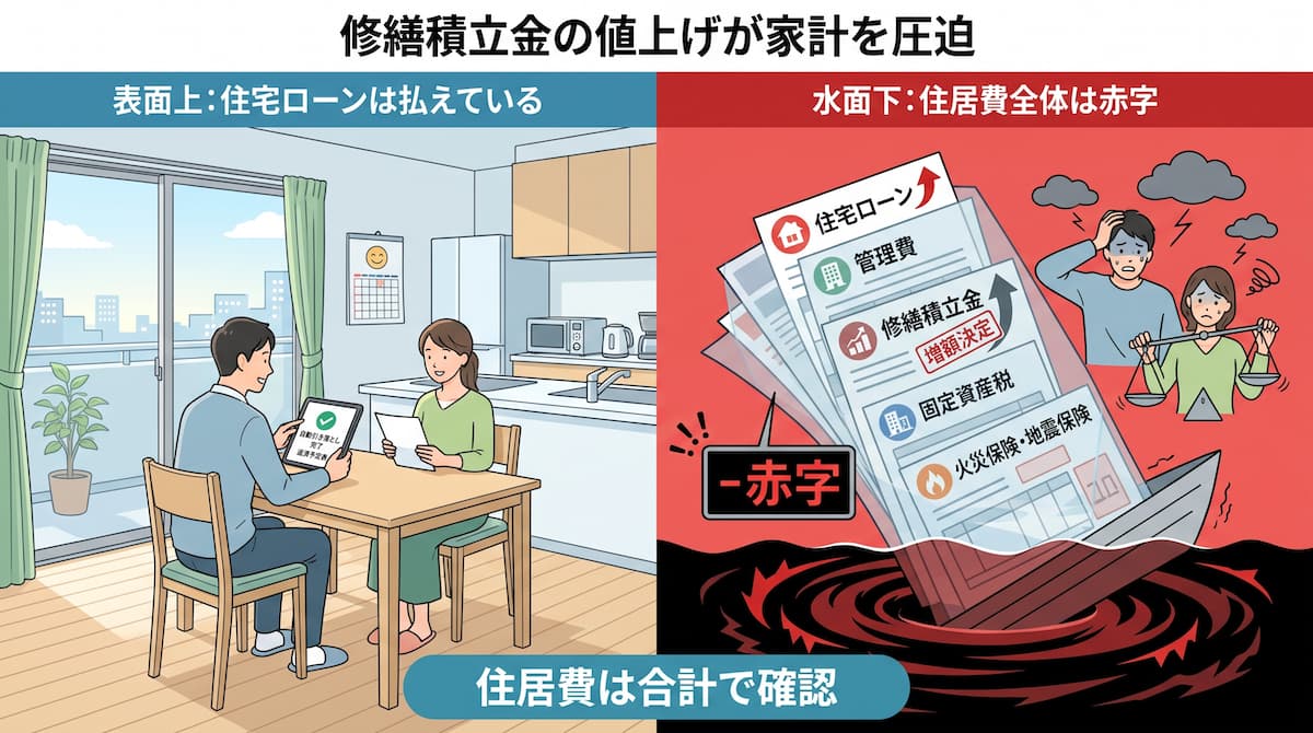 修繕積立金の値上げで住宅ローンを含む住居費全体が家計を圧迫する仕組み