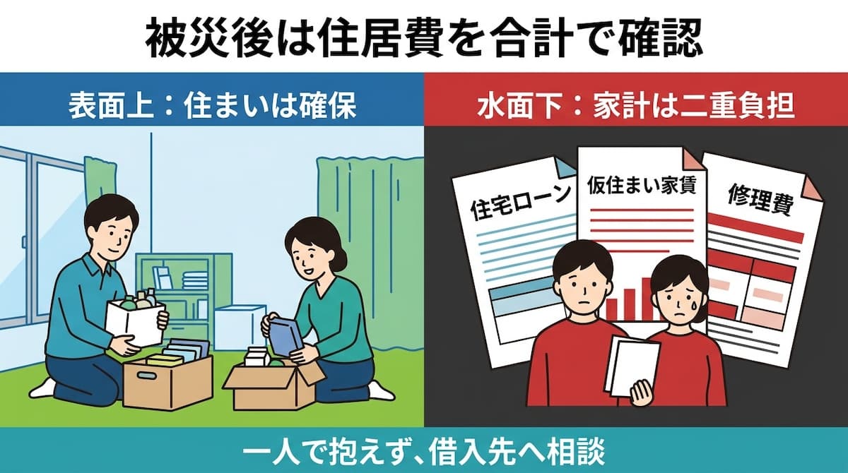 被災後に仮住まいを確保しても、住宅ローン・家賃・修理費の負担が重なる状況の比較