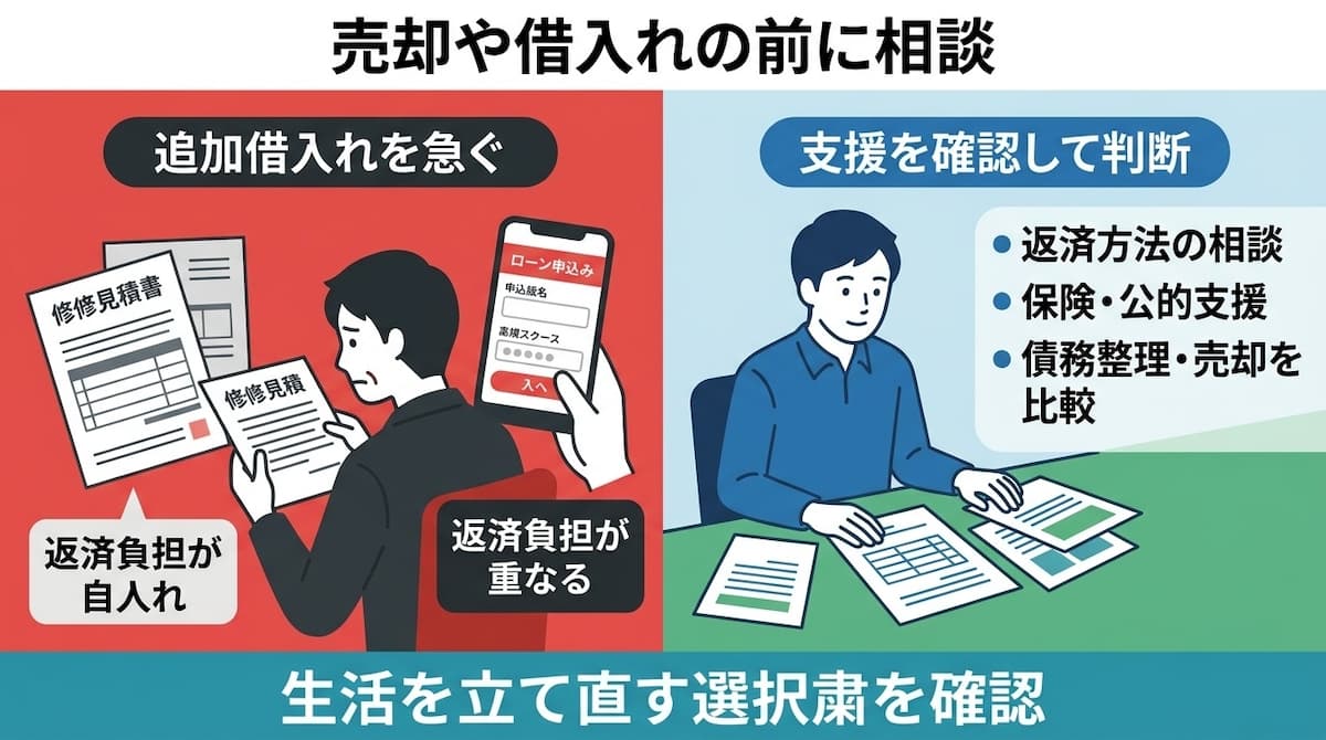 被災後に追加借入れを急ぐ場合と、返済支援や債務整理・任意売却を相談して比較する場合