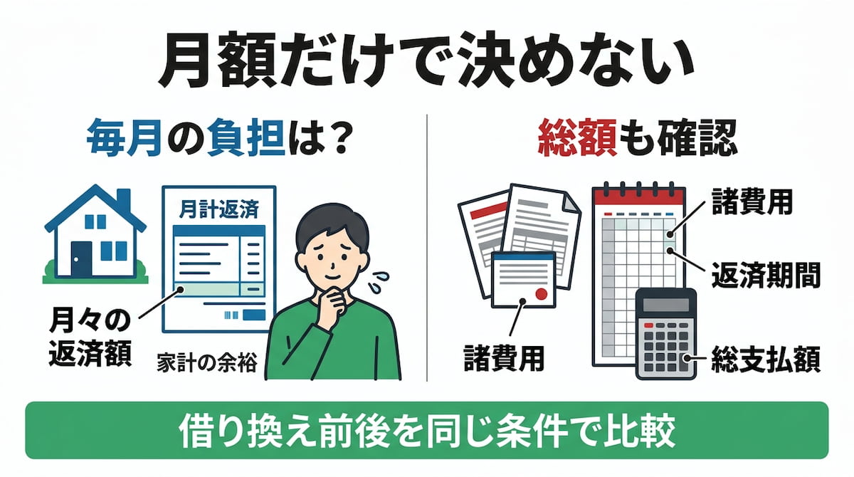 住宅ローン借り換えの再検討で、月額の低さだけでなく諸費用・返済期間・総支払額を確認する比較図
