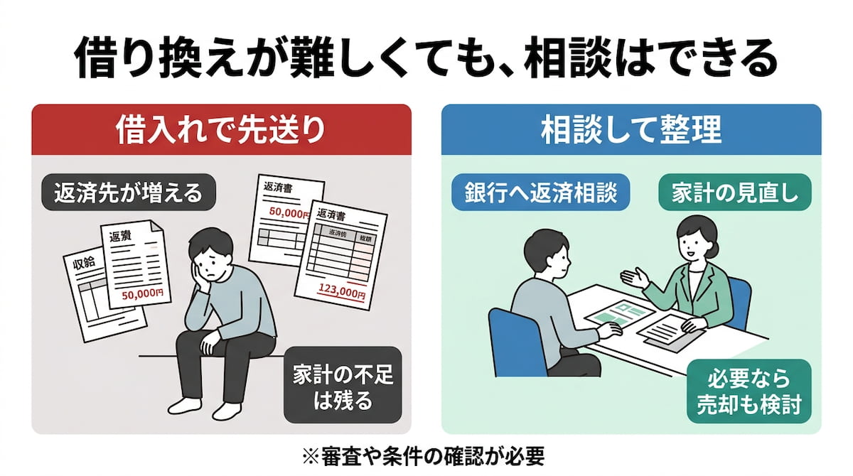 住宅ローンの借り換え審査に落ちた後、借金を重ねる前に銀行への返済相談と住まいの選択肢を整理する図